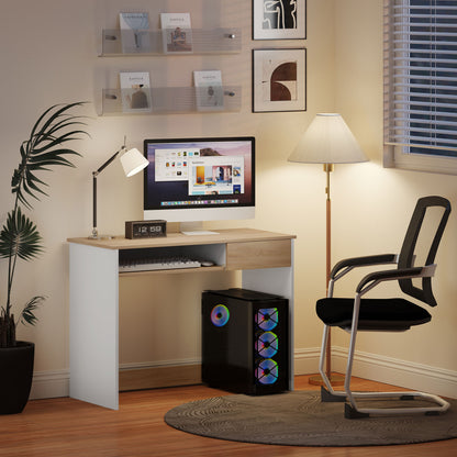 Compact Computer Table with Keyboard Tray and Drawer, Oak