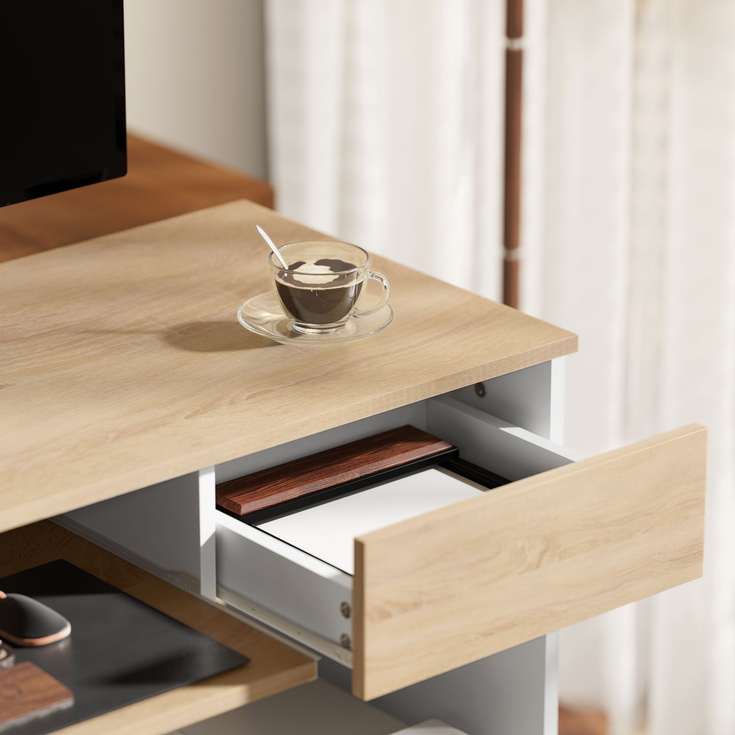 Compact Computer Table with Keyboard Tray and Drawer, Oak
