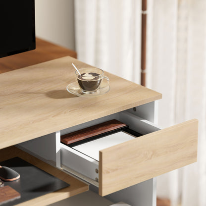 Compact Computer Table with Keyboard Tray and Drawer, Oak
