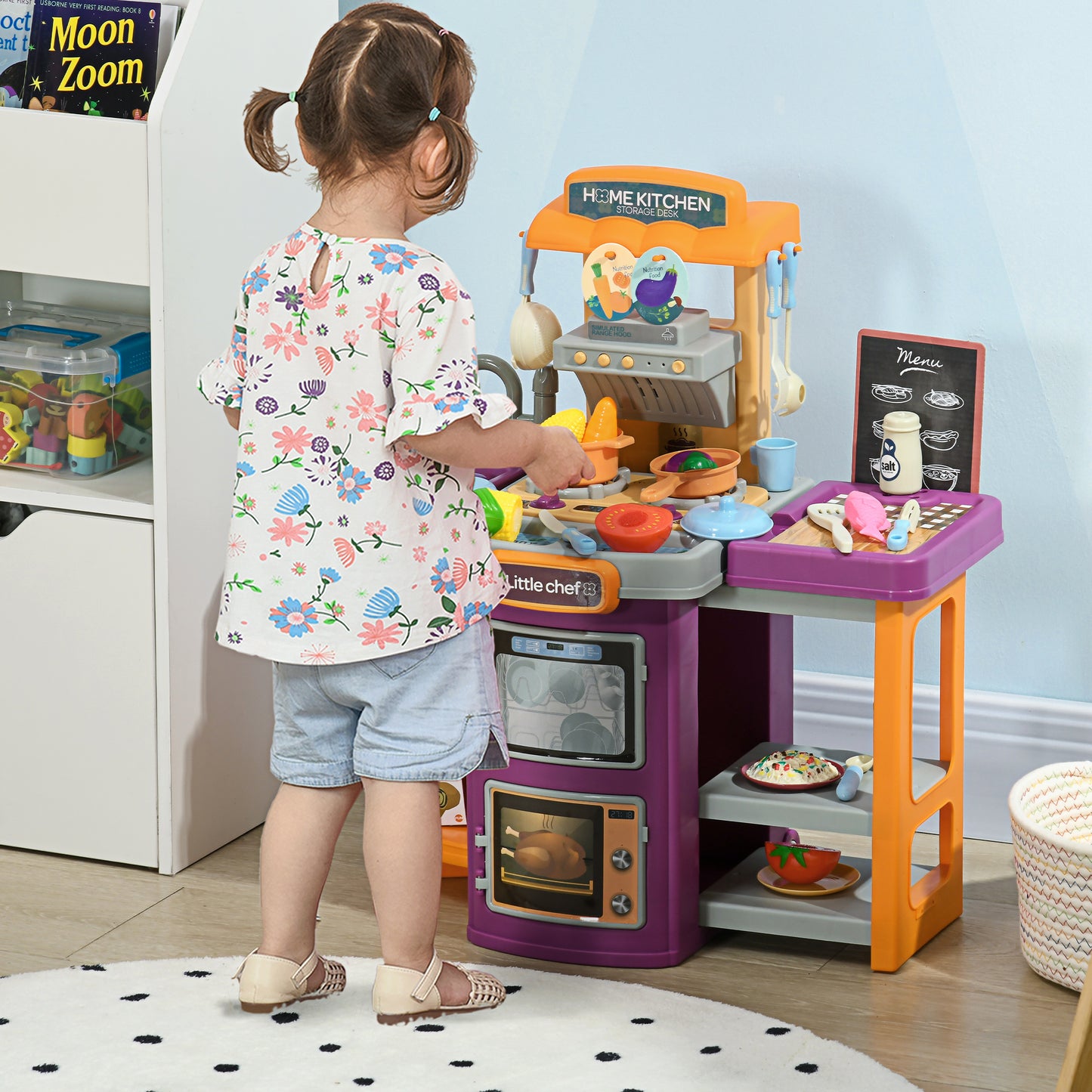 AIYAPLAY Toy Kitchen, 49 Pieces Kids Play Kitchen, Children Trolley, with Sound and Light, Spray Effects, Running Water