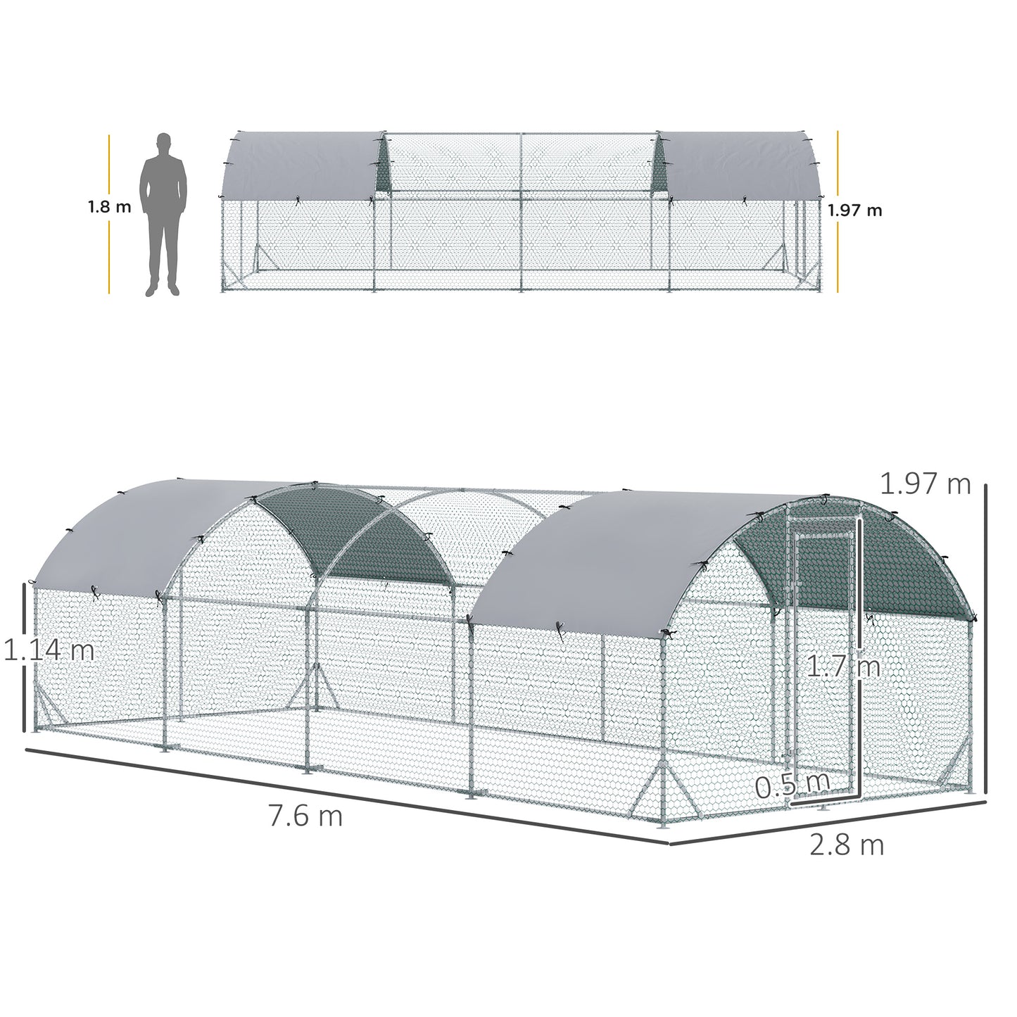 Walk-In Chicken Run Galvanised Chicken Coop w/ Covers 7.6 x 2.8 x 2m