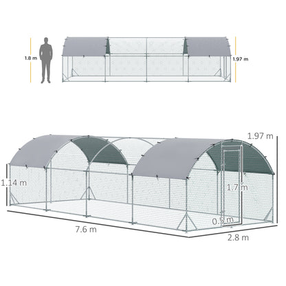 Walk-In Chicken Run Galvanised Chicken Coop w/ Covers 7.6 x 2.8 x 2m