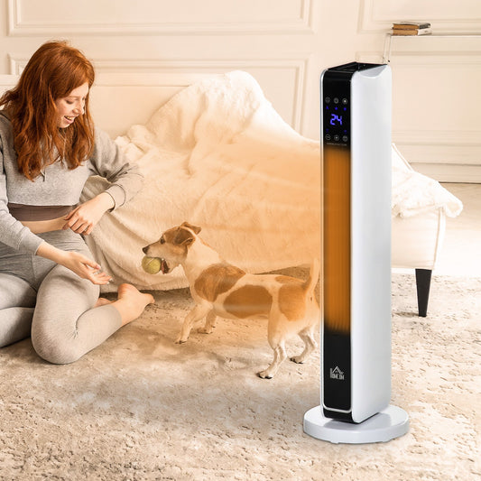 2200W Oscillating Tower Heater with Thermostat, Timer and Remote Control - White, Black & Silver