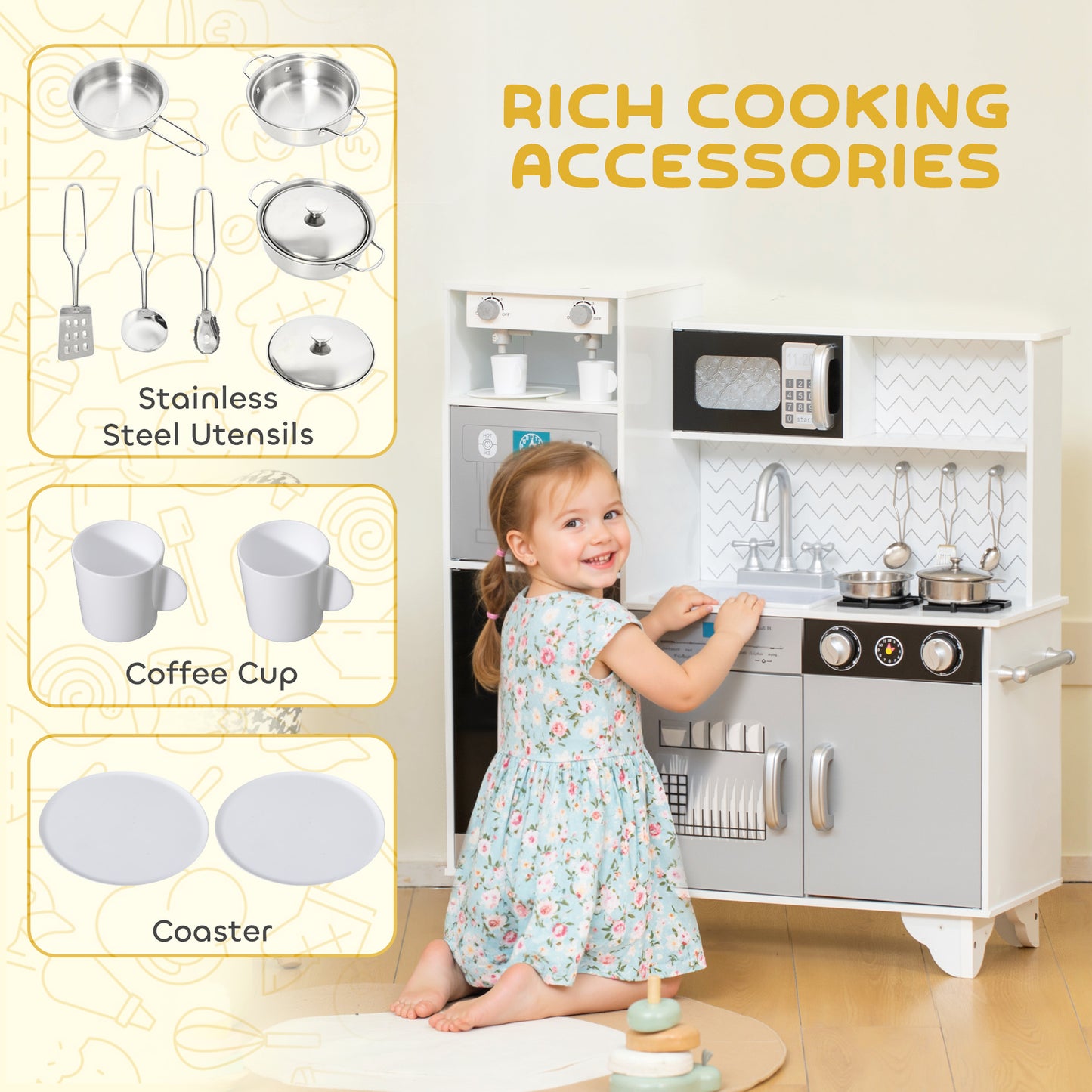 Kids Play Kitchen, Large Pretend Play Toy Kitchen with Stove Sounds, Microwave, Ice Maker, Coffee Maker, Sink, Stainless Steel Utensils, Cooking Role Play Set for Boys and Girls 3-6 Years