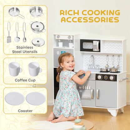 Kids Play Kitchen, Large Pretend Play Toy Kitchen with Stove Sounds, Microwave, Ice Maker, Coffee Maker, Sink, Stainless Steel Utensils, Cooking Role Play Set for Boys and Girls 3-6 Years
