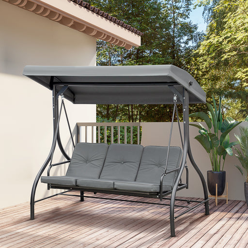 3 Seater Canopy Swing Chair, 2 in 1 Garden Swing Seat Bed, with Adjustable Canopy and Metal Frame, Grey