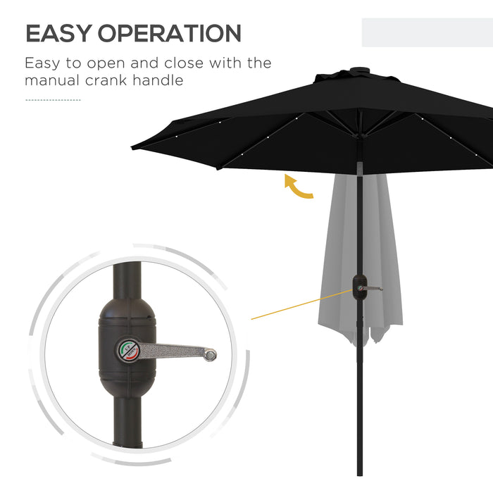 2.7m Outdoor Patio Garden Umbrella Parasol with Tilt Crank and 24 LEDs Lights, Black