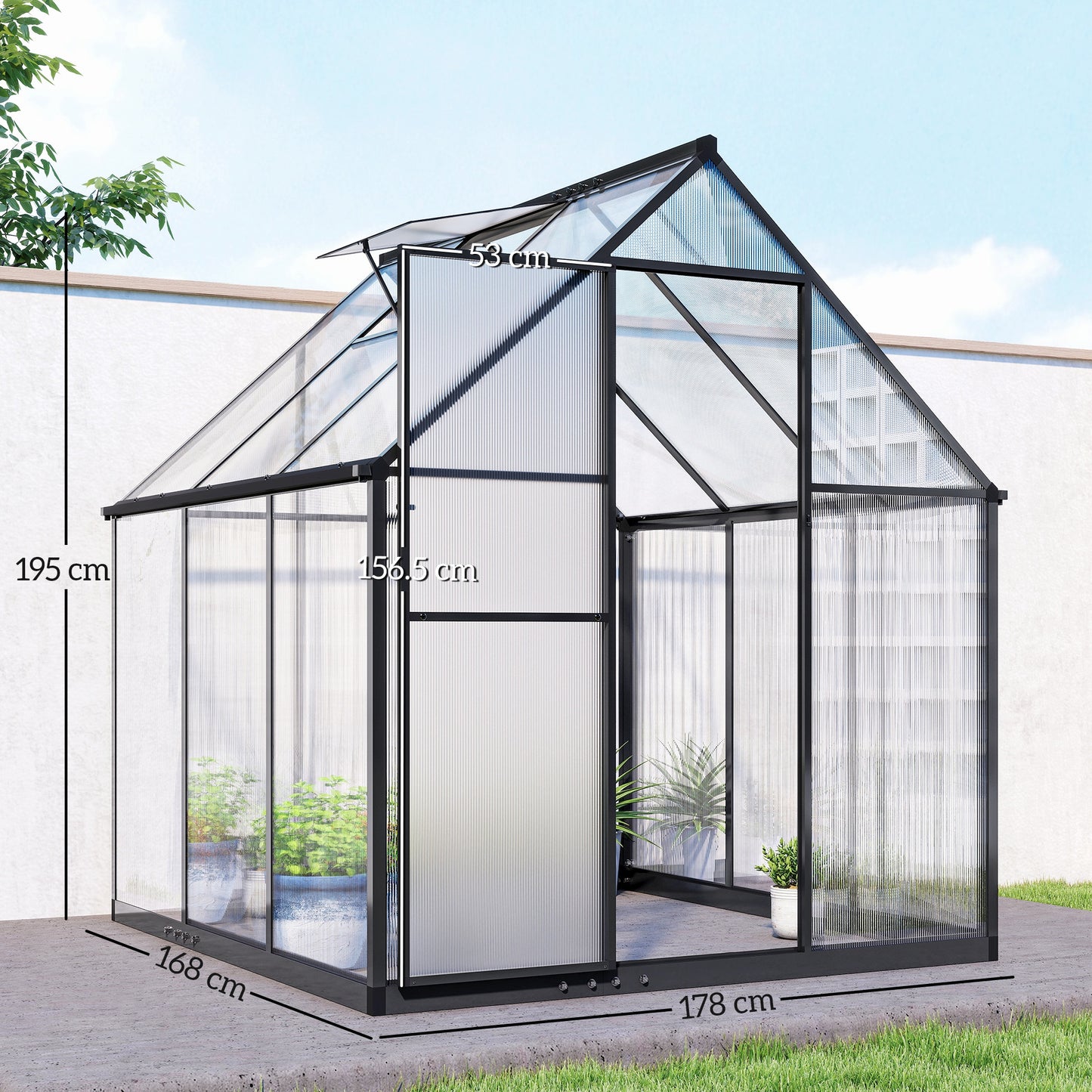 Polycarbonate Greenhouse Garden Green House with Rain Gutter, Black