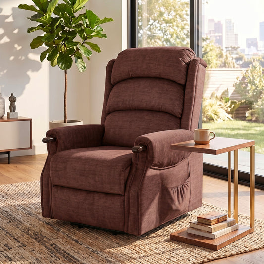 Massage and Heated Electric Riser Recliner Chair with Wooden Grips and Side Pockets - Brown & Wood Colour