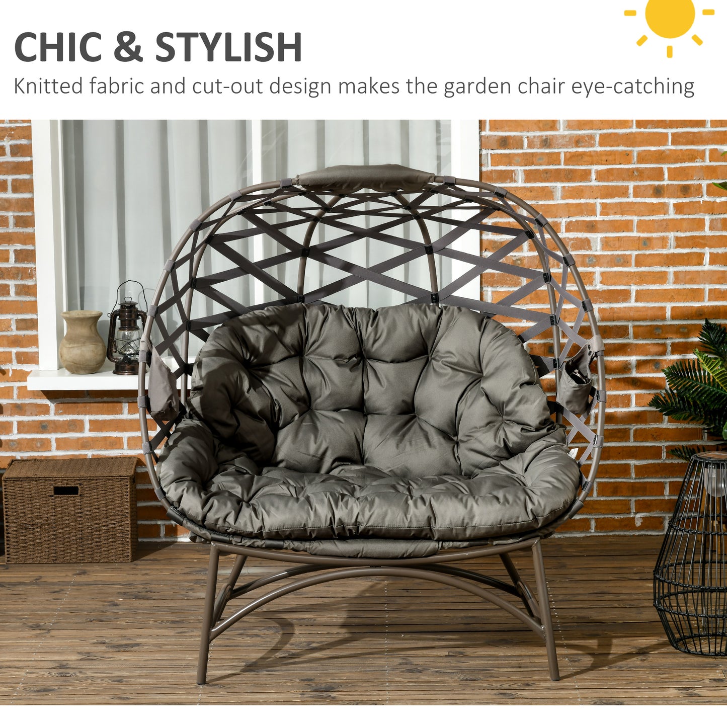 2 Seater Egg Chair Outdoor, Folding Weave Garden Furniture Chair with Cushion, Cup Pockets - Sand Brown