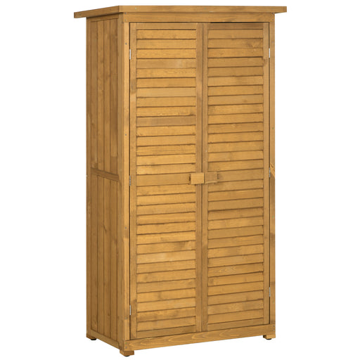 Wooden Garden Storage Shed, Compact Utility Sentry Unit, 3-Tier Shelves Tool Cabinet Organizer with Asphalt Roof and Shutter Design