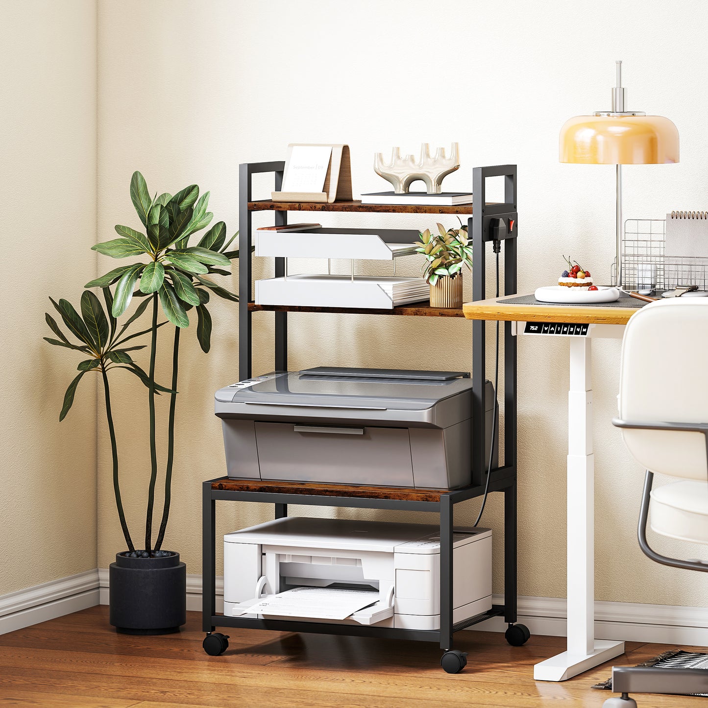 4-Tier Mobile Printer Stand with Power Outlets for Home Office