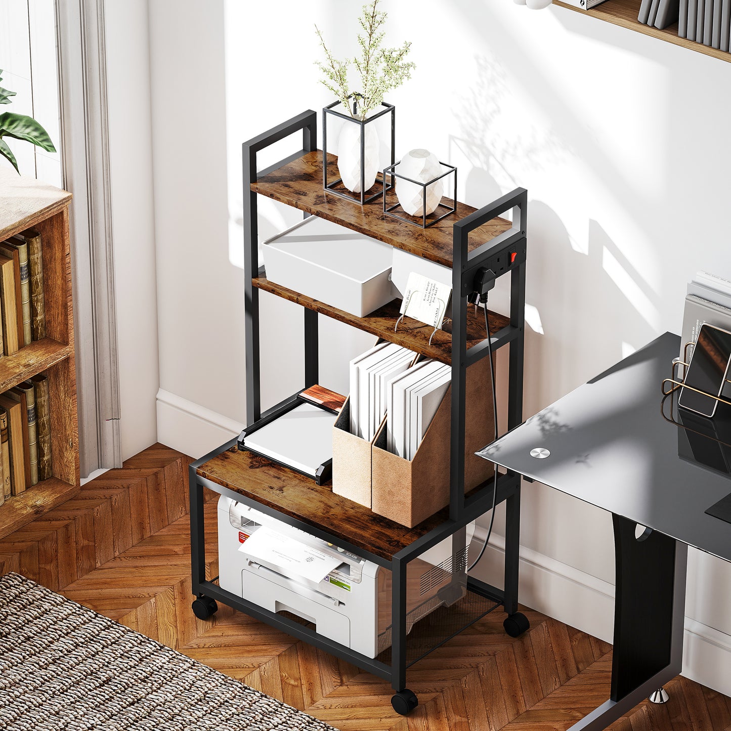 4-Tier Mobile Printer Stand with Power Outlets for Home Office