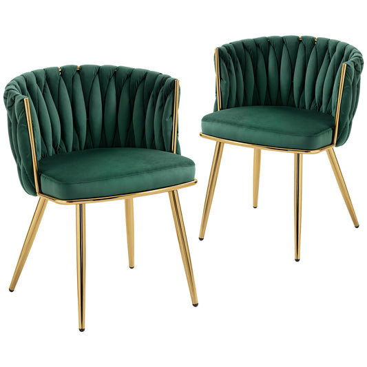 Upholstered Kitchen Chairs Set of 2 with Woven Backrest, Dark Green