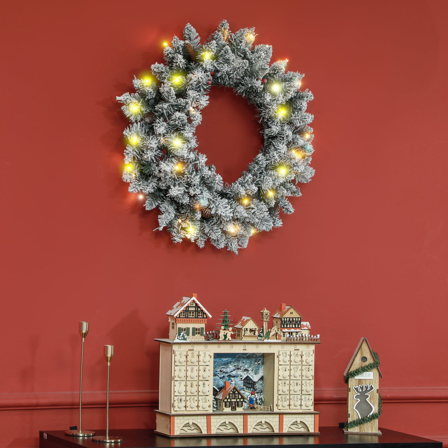 60cm Flocked Christmas Wreath with Lights Pine Cones Berries Green