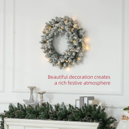 60cm Flocked Christmas Wreath with Lights Pine Cones Berries Green