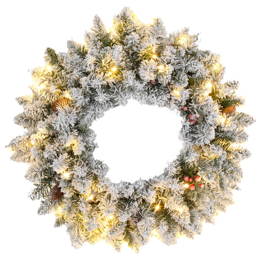 60cm Flocked Christmas Wreath with Lights Pine Cones Berries Green