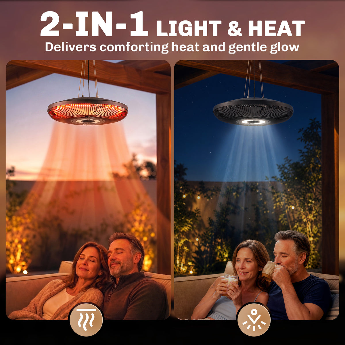 2000 W Hanging Electric Patio Heater with LED Light, IP65, Black