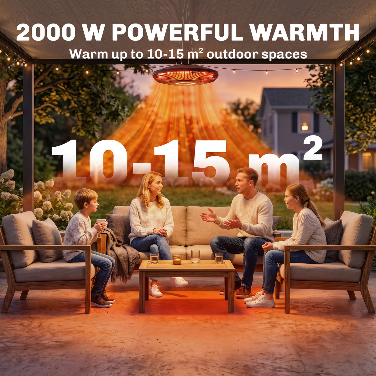 2000 W Hanging Electric Patio Heater with LED Light, IP65, Black