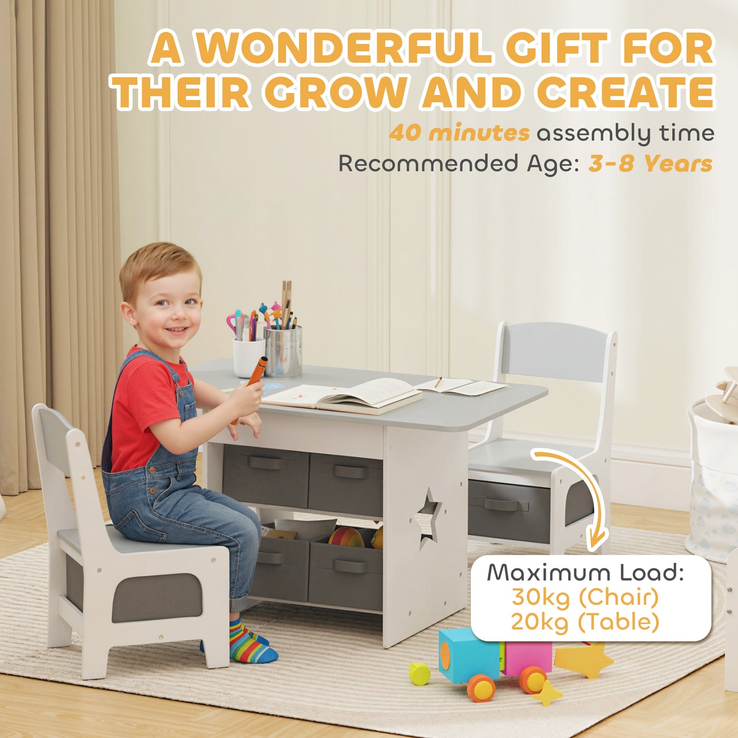 Kids Table and Chair Set with 6 Removable Drawers, Light Grey