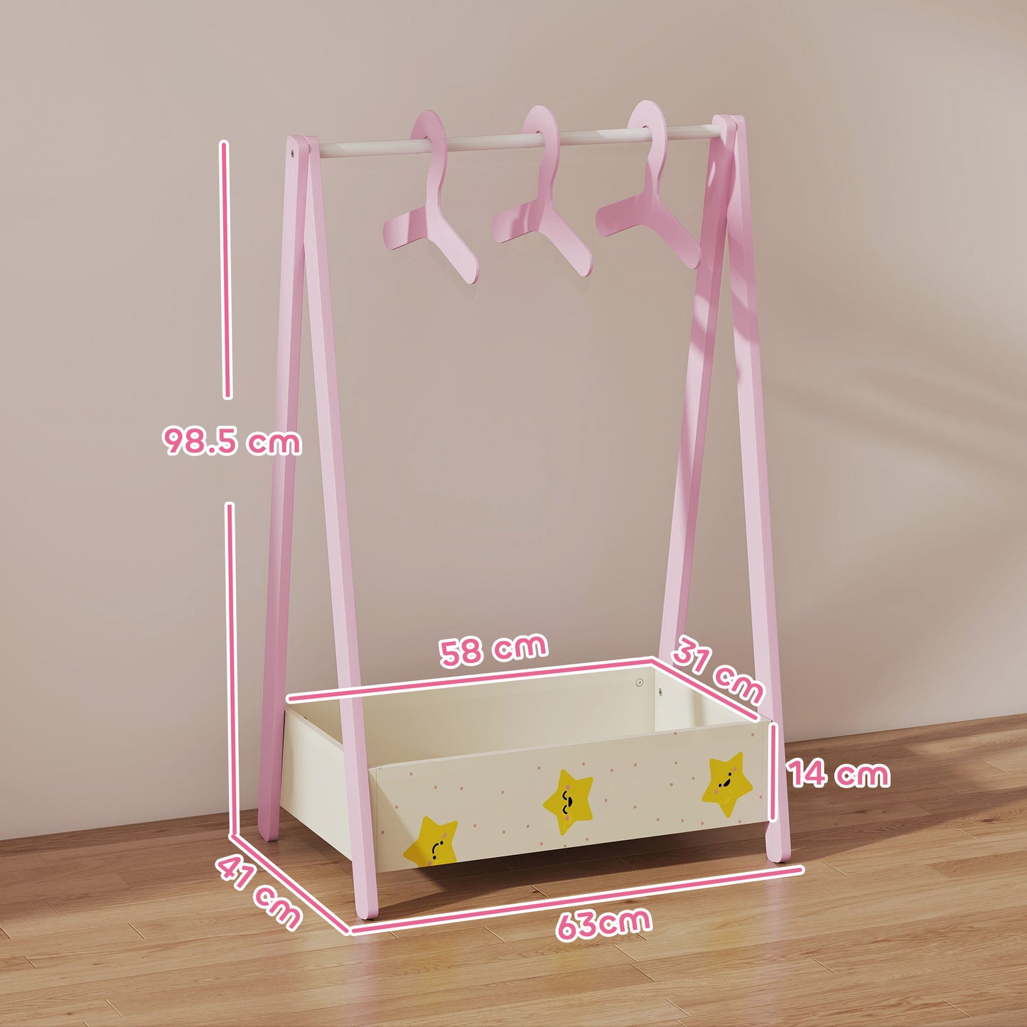 Baby Clothing Rack, Star Theme Kids Clothes Rail with Hangers, Storage Shelf for Bedroom, Toddler Dress Up Rail for Ages 3-6, Pink