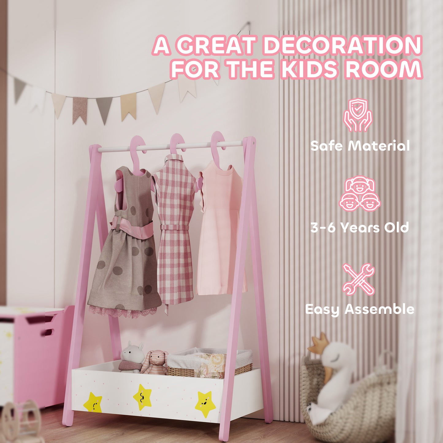 Baby Clothing Rack, Star Theme Kids Clothes Rail with Hangers, Storage Shelf for Bedroom, Toddler Dress Up Rail for Ages 3-6, Pink