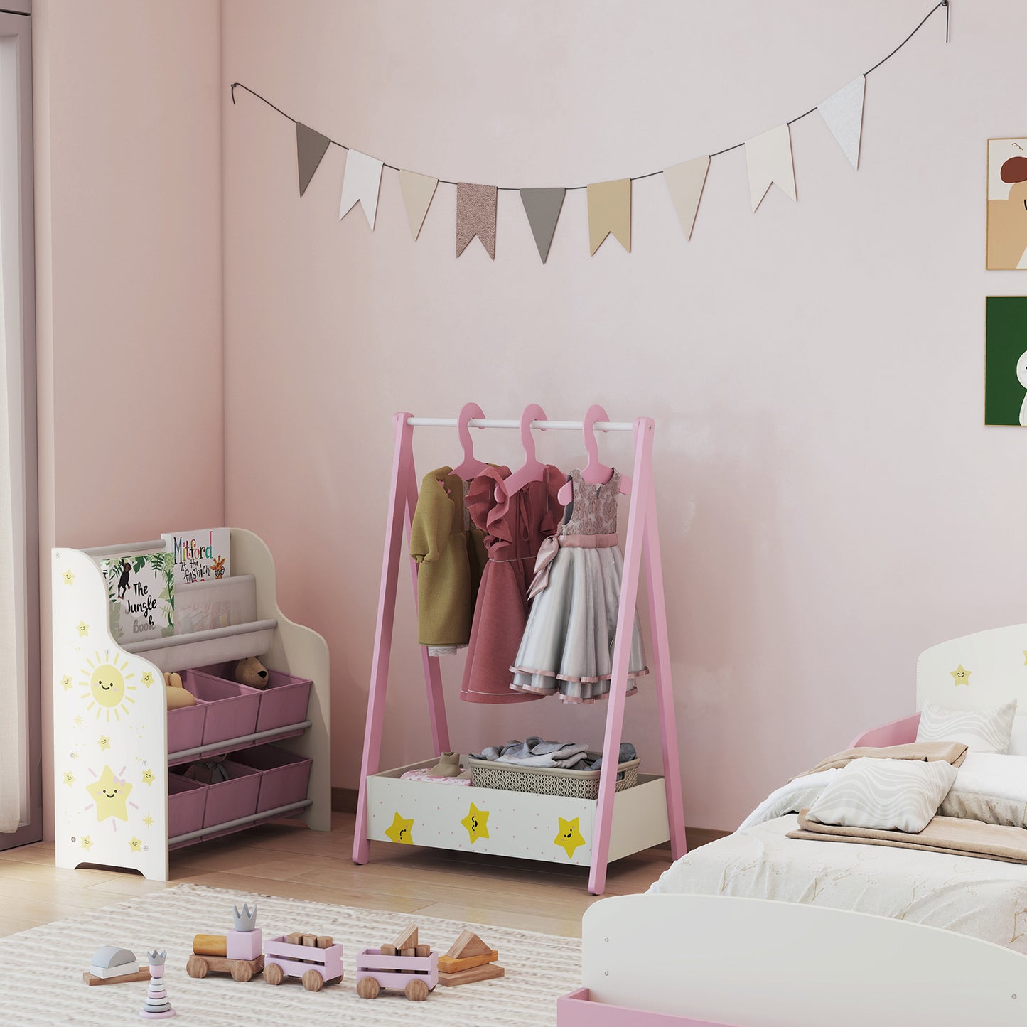 Baby Clothing Rack, Star Theme Kids Clothes Rail with Hangers, Storage Shelf for Bedroom, Toddler Dress Up Rail for Ages 3-6, Pink