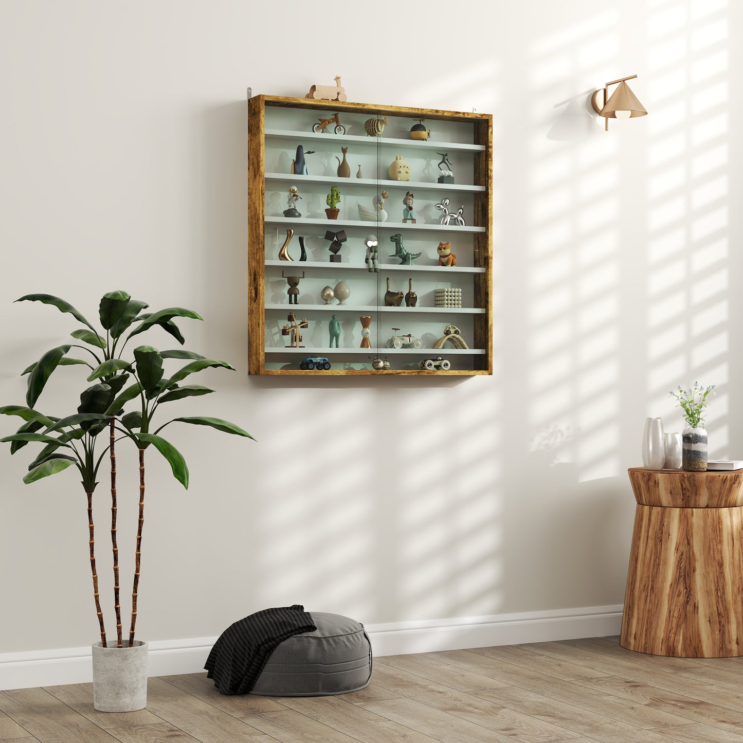 7-Tier Wall Display Cabinet w/ Shelves Glass Doors, Rustic Brown