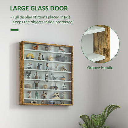 7-Tier Wall Display Cabinet w/ Shelves Glass Doors, Rustic Brown