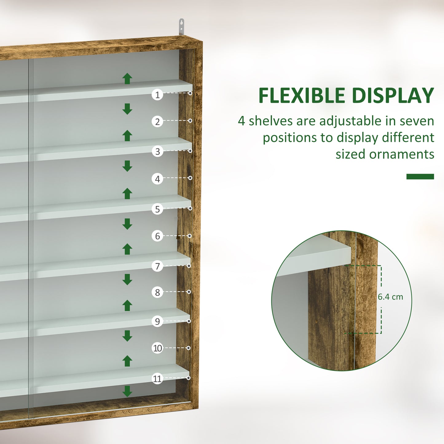 7-Tier Wall Display Cabinet w/ Shelves Glass Doors, Rustic Brown