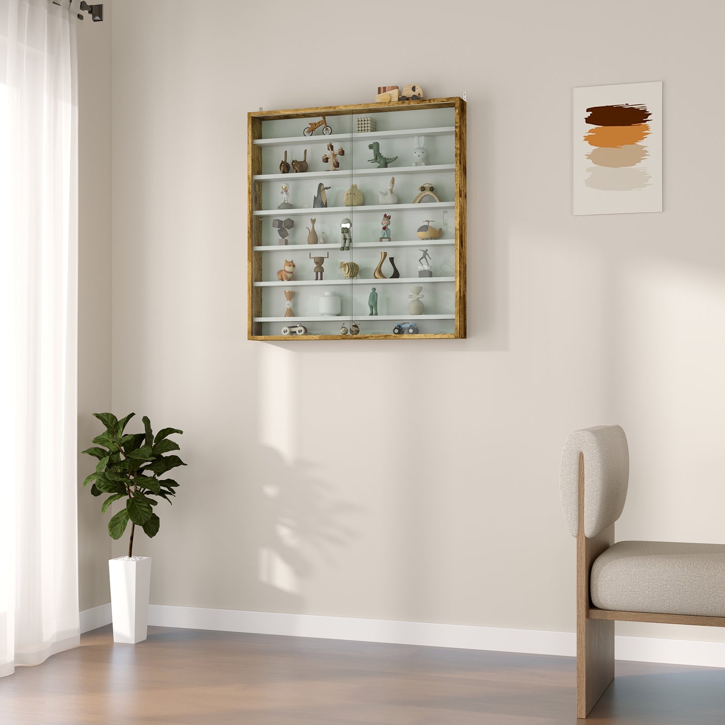 7-Tier Wall Display Cabinet w/ Shelves Glass Doors, Rustic Brown