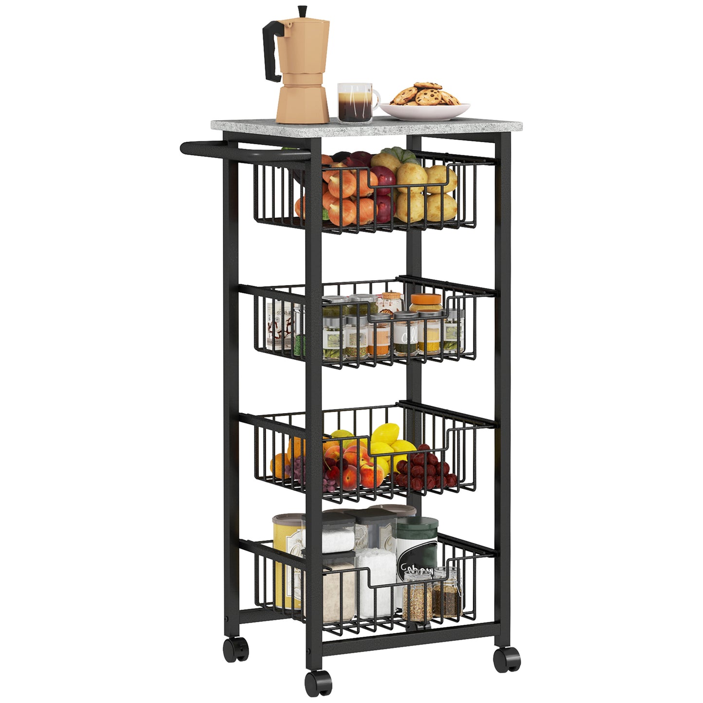 4-Tier Kitchen Island on Wheels with 4 Pull-Out Baskets, Light Grey