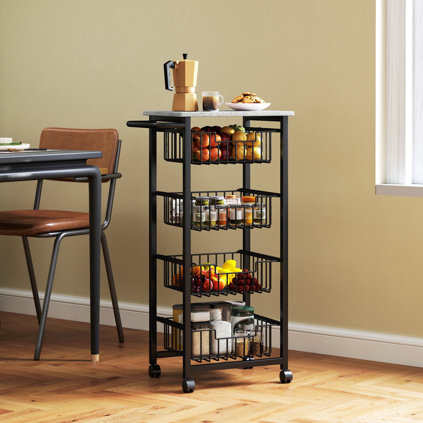 4-Tier Kitchen Island on Wheels with 4 Pull-Out Baskets, Light Grey
