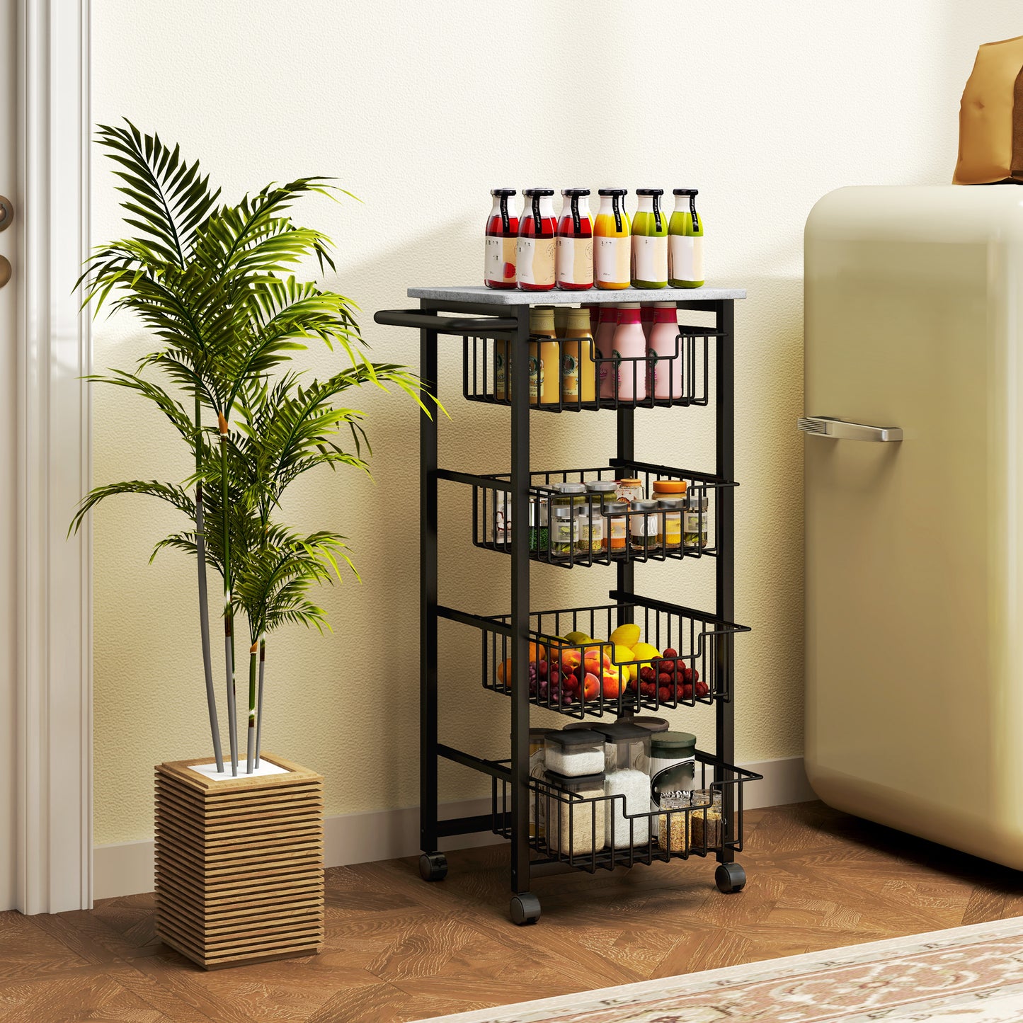 4-Tier Kitchen Island on Wheels with 4 Pull-Out Baskets, Light Grey
