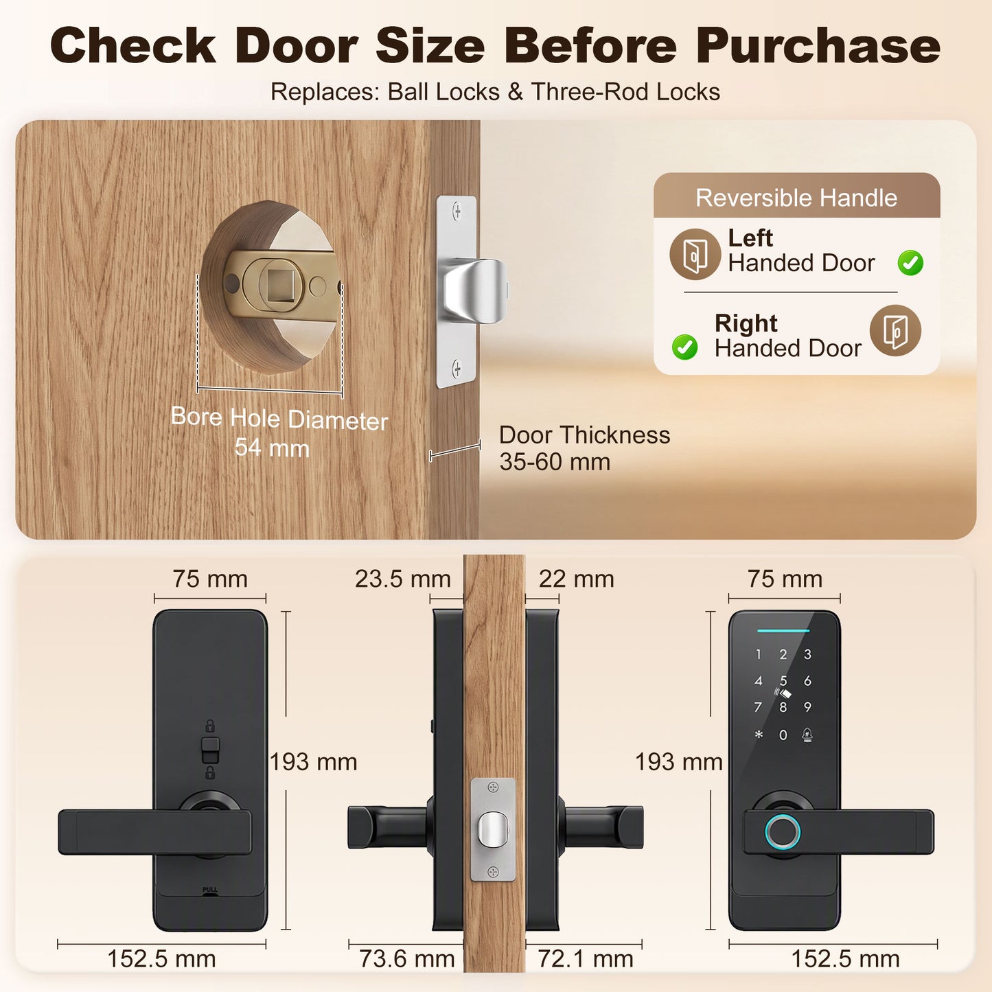 Smart Door Lock, Fingerprint/Passcode/APP/NFC/Key, Doorbell