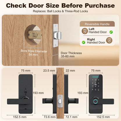 Smart Door Lock, Fingerprint/Passcode/APP/NFC/Key, Doorbell