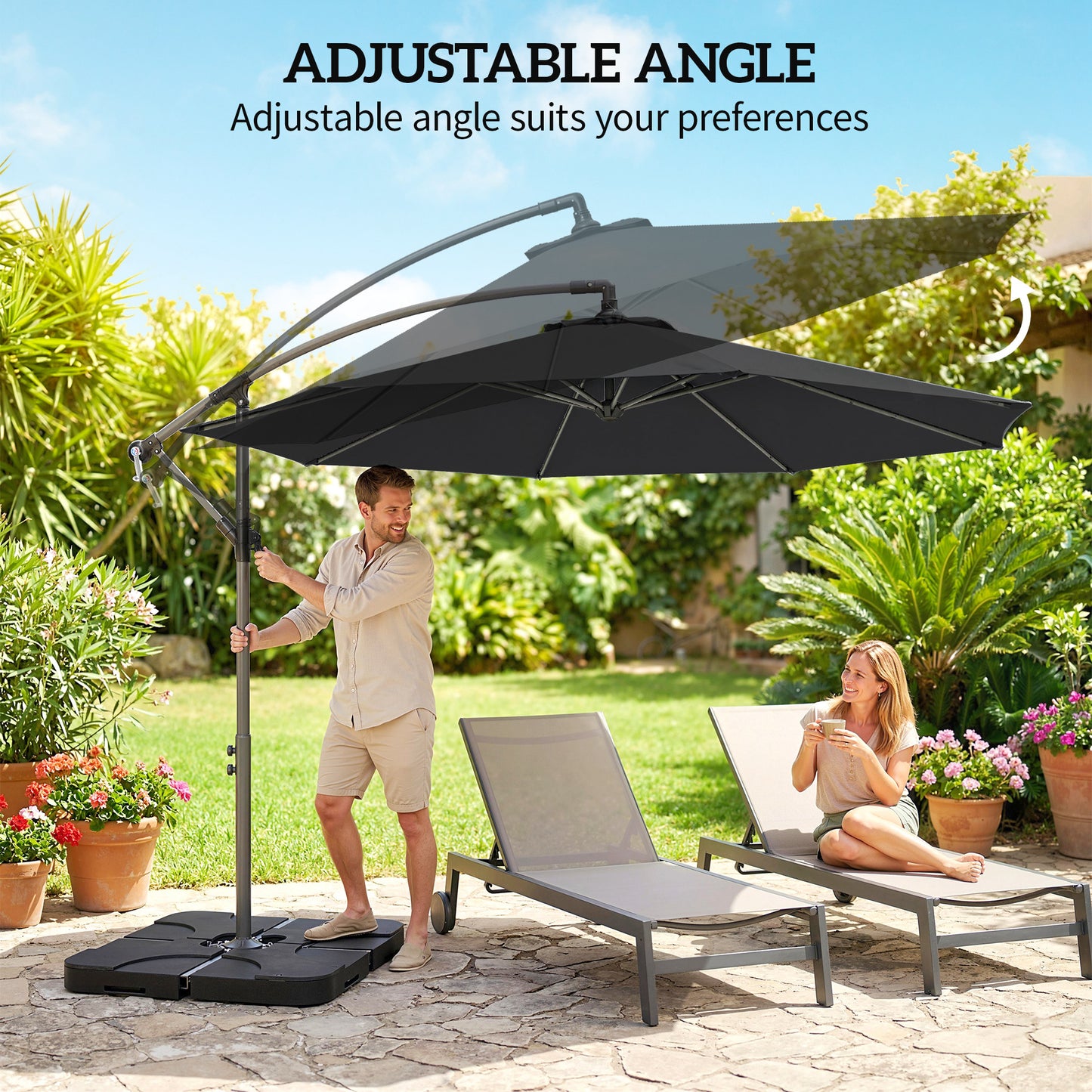 3(m) Banana Parasol Cantilever Umbrella Garden w/ Base Weights - Black