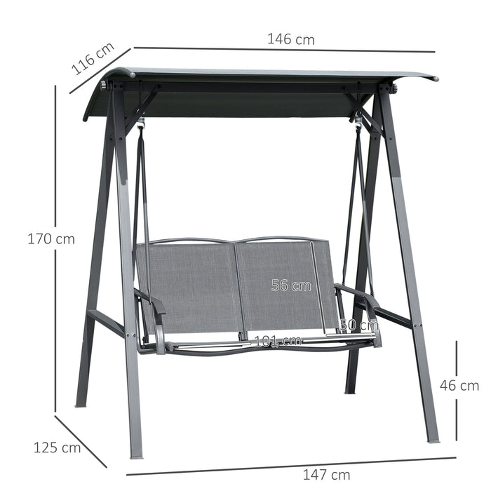 2 Seater Garden Swing Chair, Outdoor Canopy Swing Bench with Adjustable Shade and Metal Frame, Grey