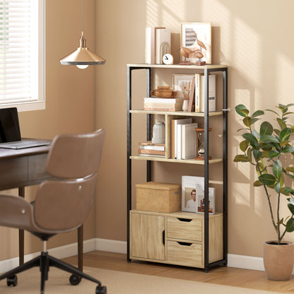 Industrial Bookshelf with 1 Cabinet and 2 Drawers, Natural Wood