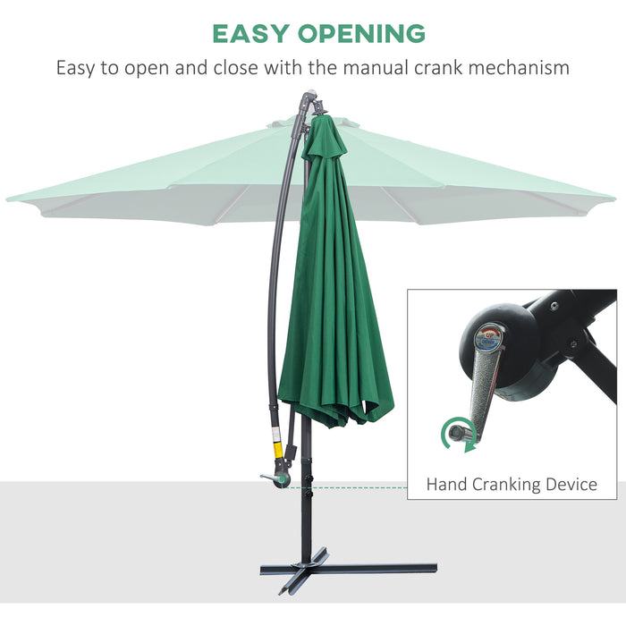 3(m) Garden Banana Parasol Hanging Cantilever Umbrella with Crank Handle and Cross Base for Outdoor, Sun Shade, Green