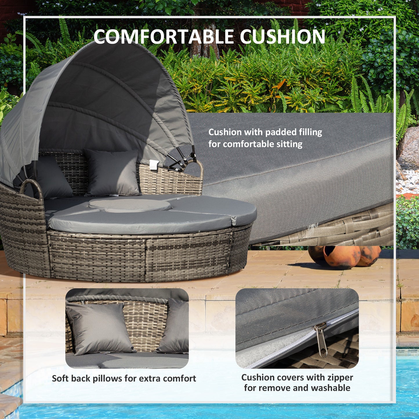 5-Seater Rattan Garden Furniture Cushioned Wicker Round with Coffee Table Patio Conversation Furniture Set - Grey
