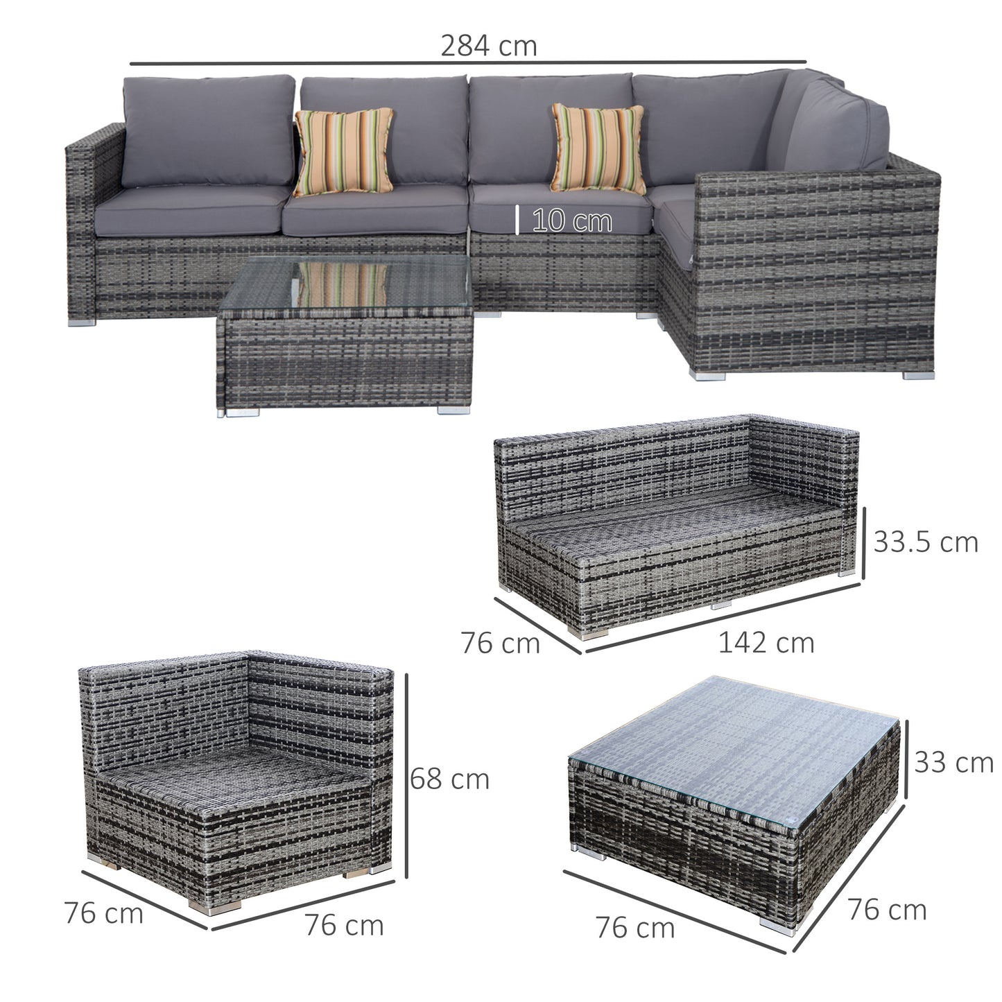 4 Pieces Rattan Furniture Set Sofa Chair Coffee Table Wicker Grey