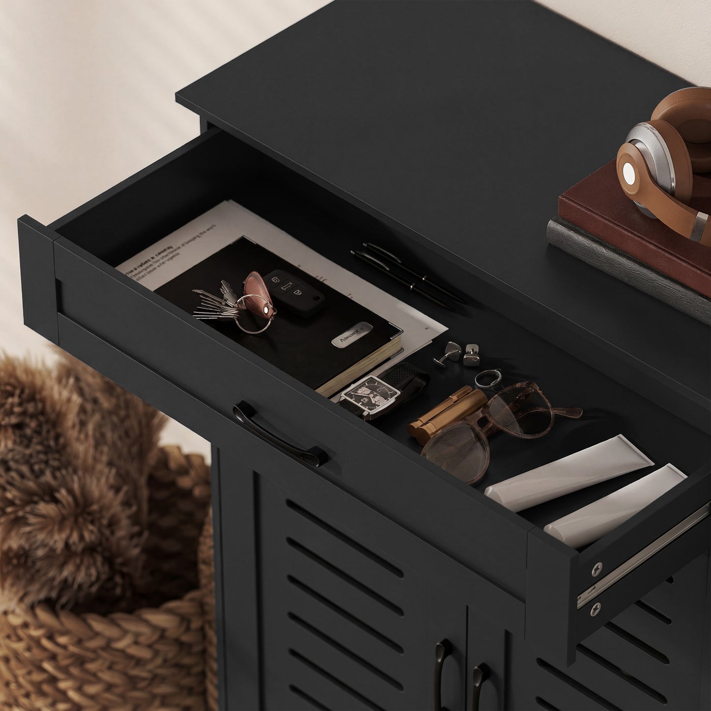 Modern Shoe Storage Cabinet with Louvered Doors and Drawer, Black