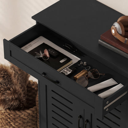 Modern Shoe Storage Cabinet with Louvered Doors and Drawer, Black