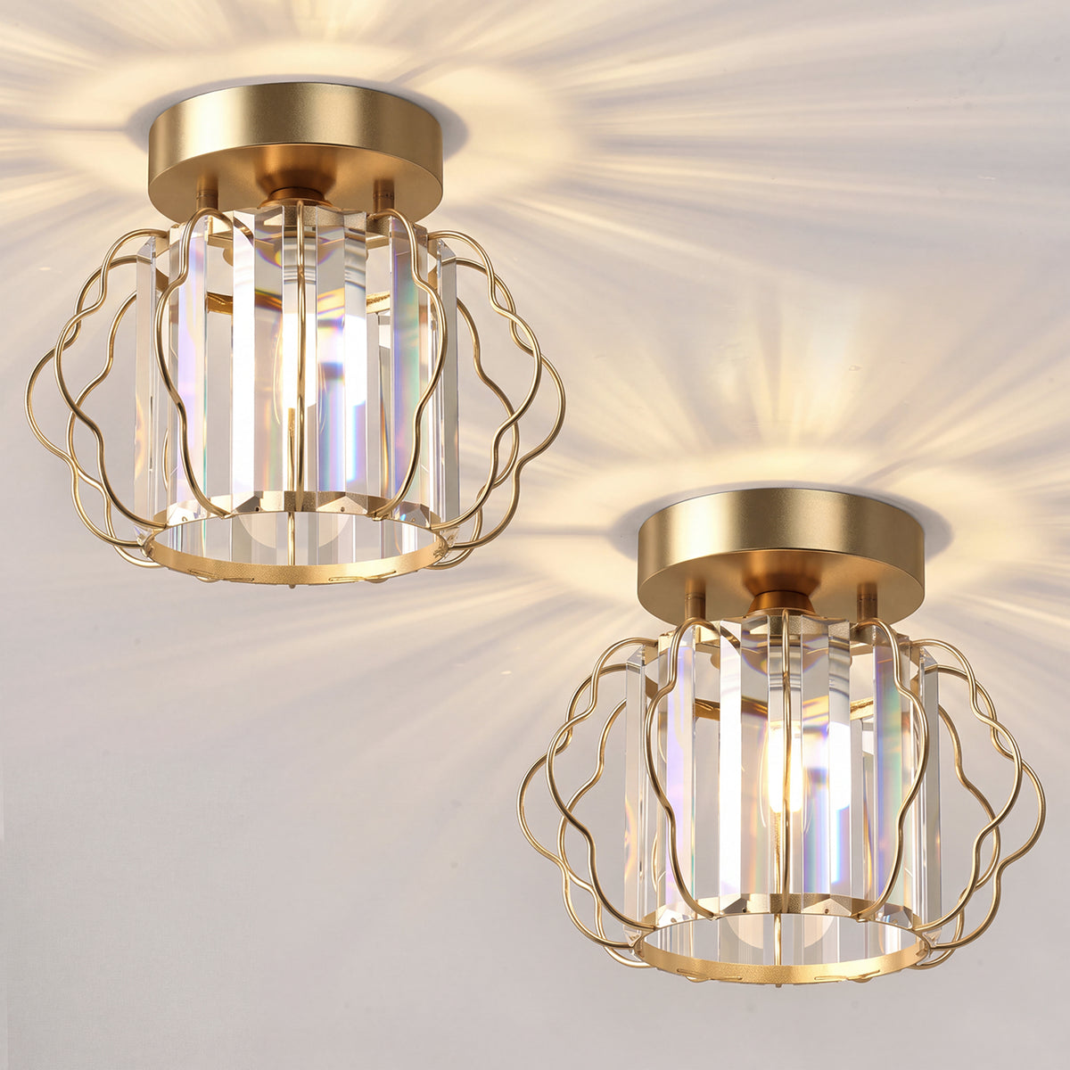Set of 2 Crystal Ceiling Lights (E27 Bulbs Not Included) - Gold Tone