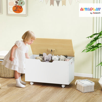 Toy Box for Kids, Toy Chest with Wheels and Safety Hinges, White