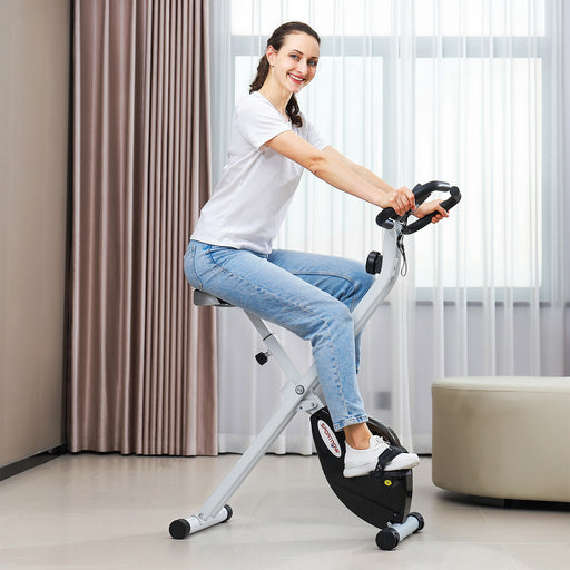 Folding Exercise Bike with Heart-Rate Sensor for Home Use, Black/White