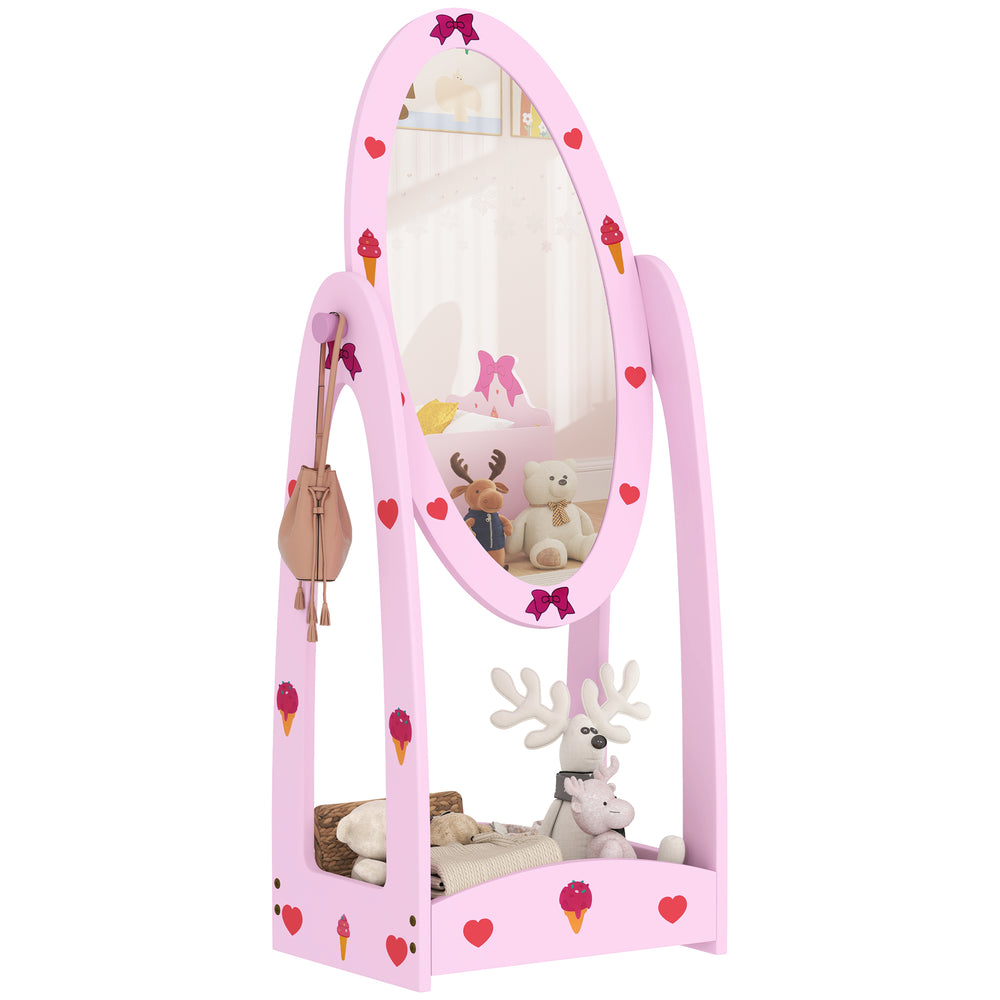 360° Rotating Kids Full Length Mirror with Storage Shelf, Hot Pink