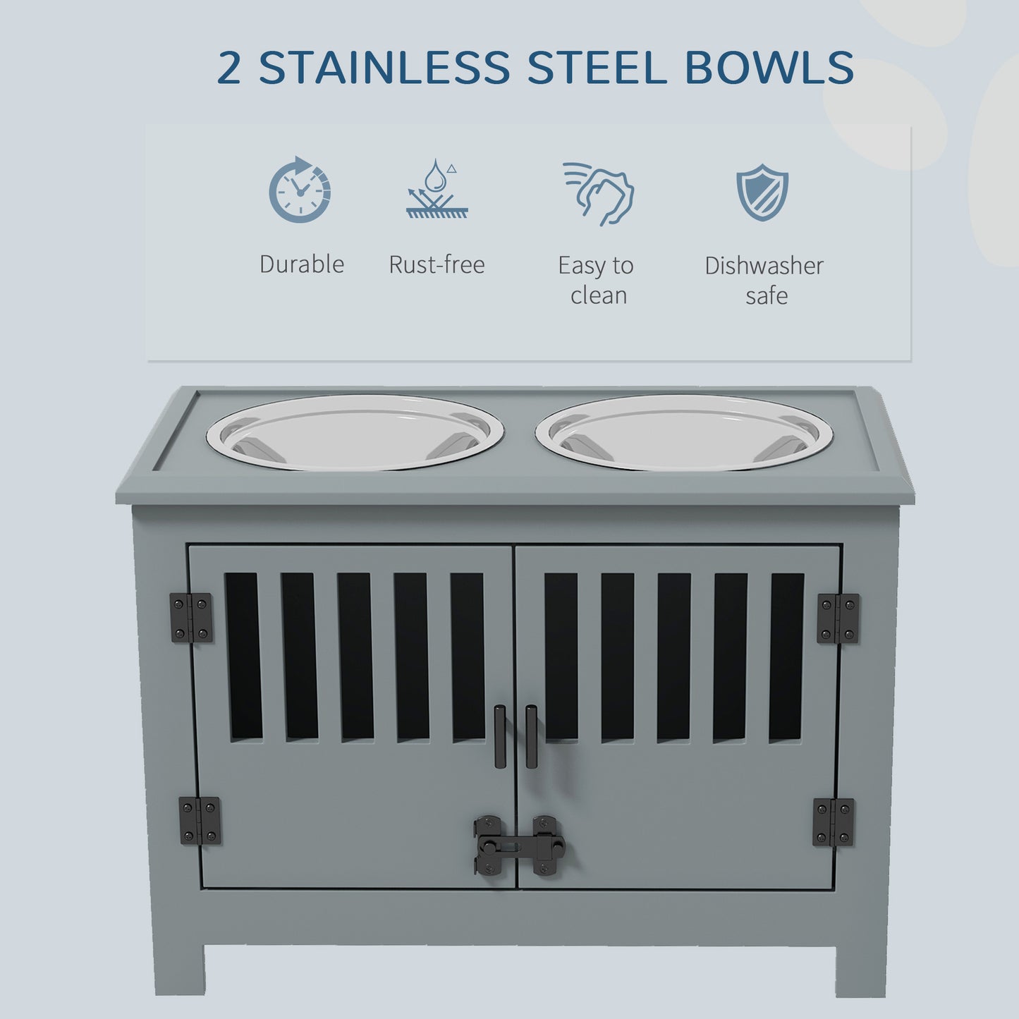 Raised Dog Bowls for Large Dogs, Pet Feeding Station, Doors with Latch, Storage Cabinet, Two Stainless Steel Bowls, Grey