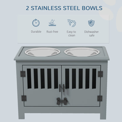 Raised Dog Bowls for Large Dogs, Pet Feeding Station, Doors with Latch, Storage Cabinet, Two Stainless Steel Bowls, Grey